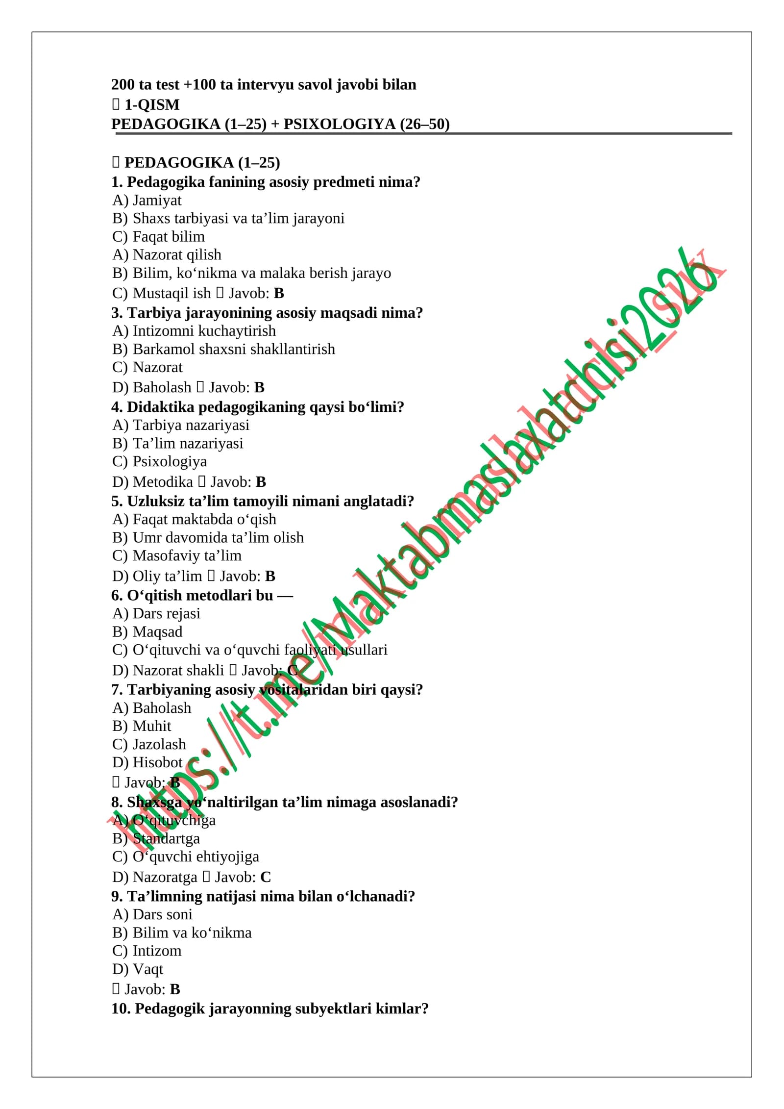 maktab maslahatchilari uchun test javoblari bilan