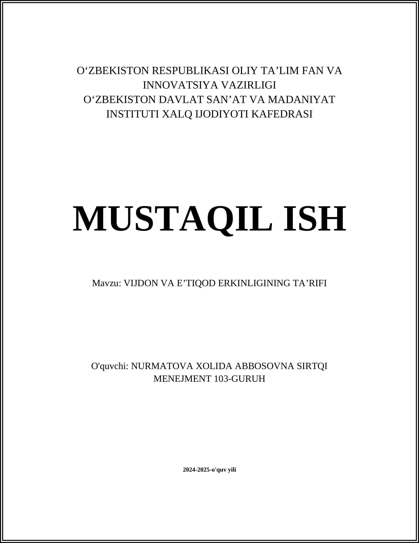 VIJDON VA EʼTIQOD ERKINLIGINING TAʼRIFI