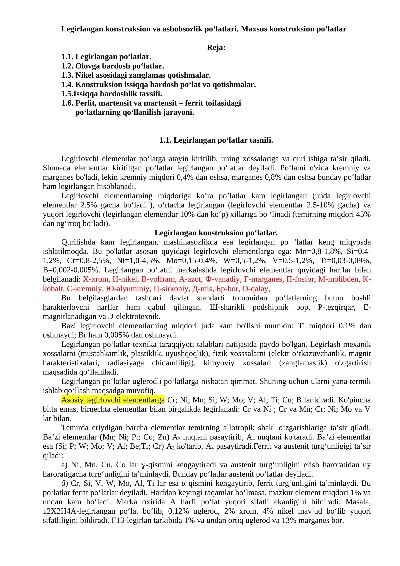Legirlangan konstruksion va asbobsozlik po‘latlari