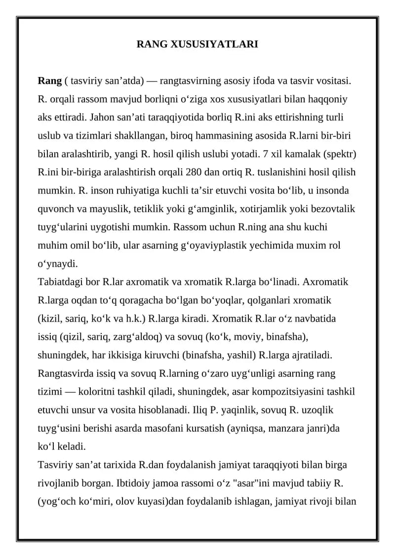 RANG XUSUSIYATLARI