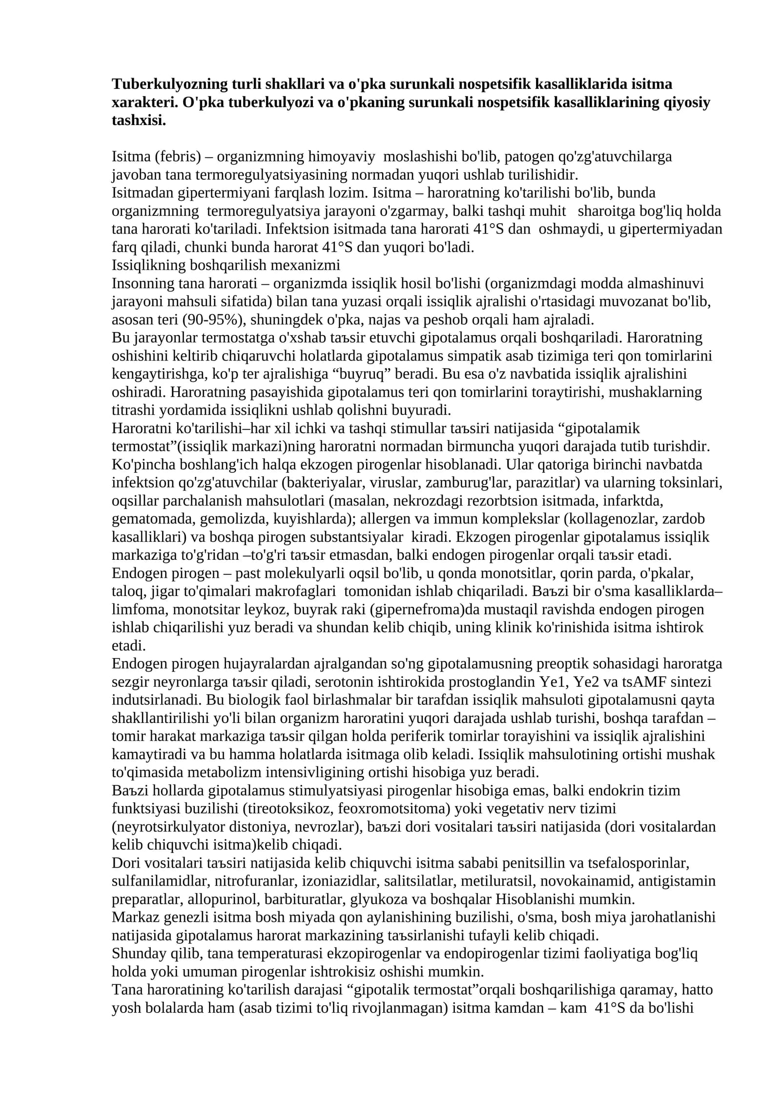 Tuberkulyozning turli shakllari va o'pka surunkali nospetsifik kasalliklarida isitma xarakteri