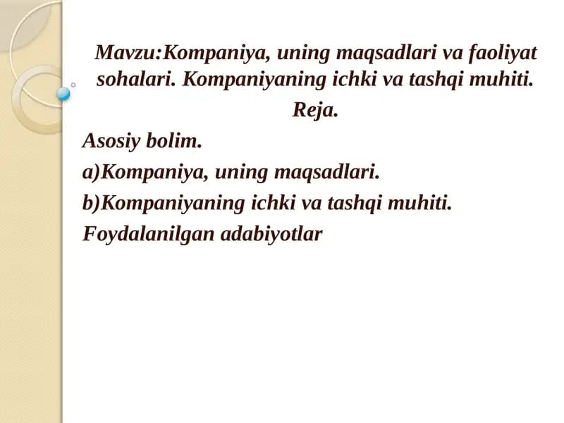 Kompaniya, uning maqsadlari va faoliyat sohalari