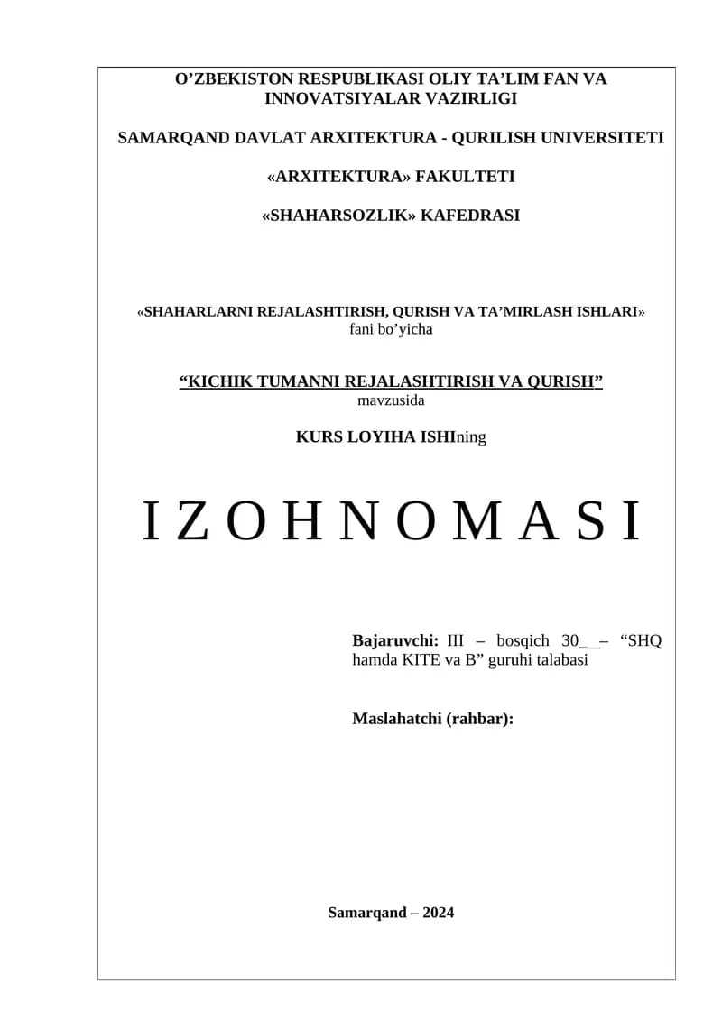 KICHIK TUMANNI REJALASHTIRISH VA QURISH