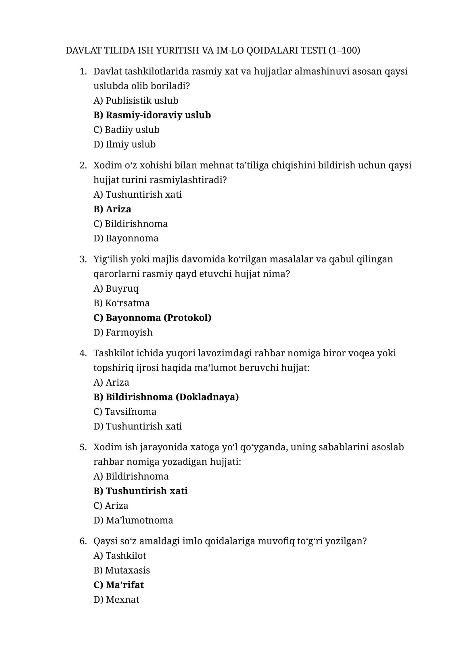 Argost test.Davlat tilida ish yuritish va IM-lo qoidalari testi