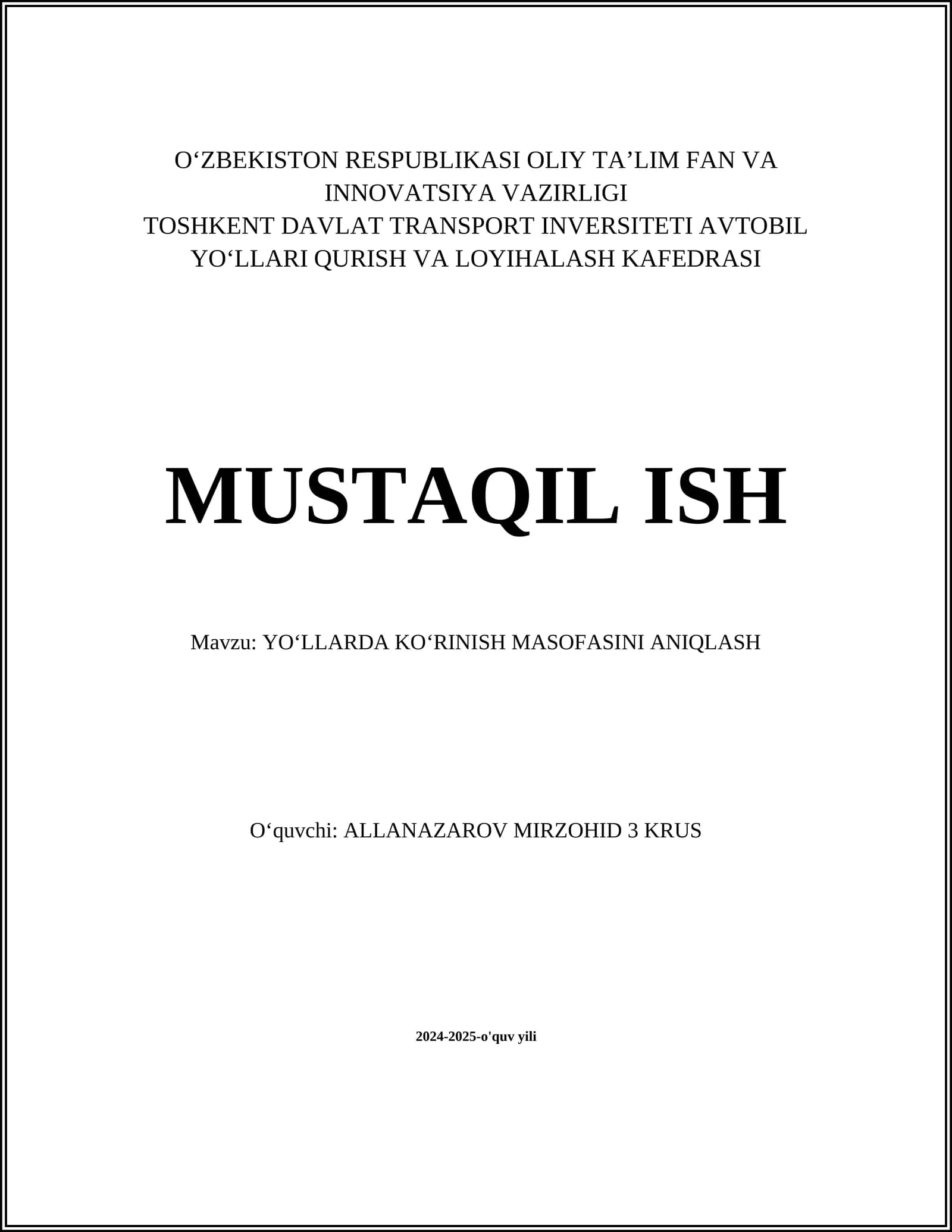 YOʻLLARDA KOʻRINISH MASOFASINI ANIQLASH