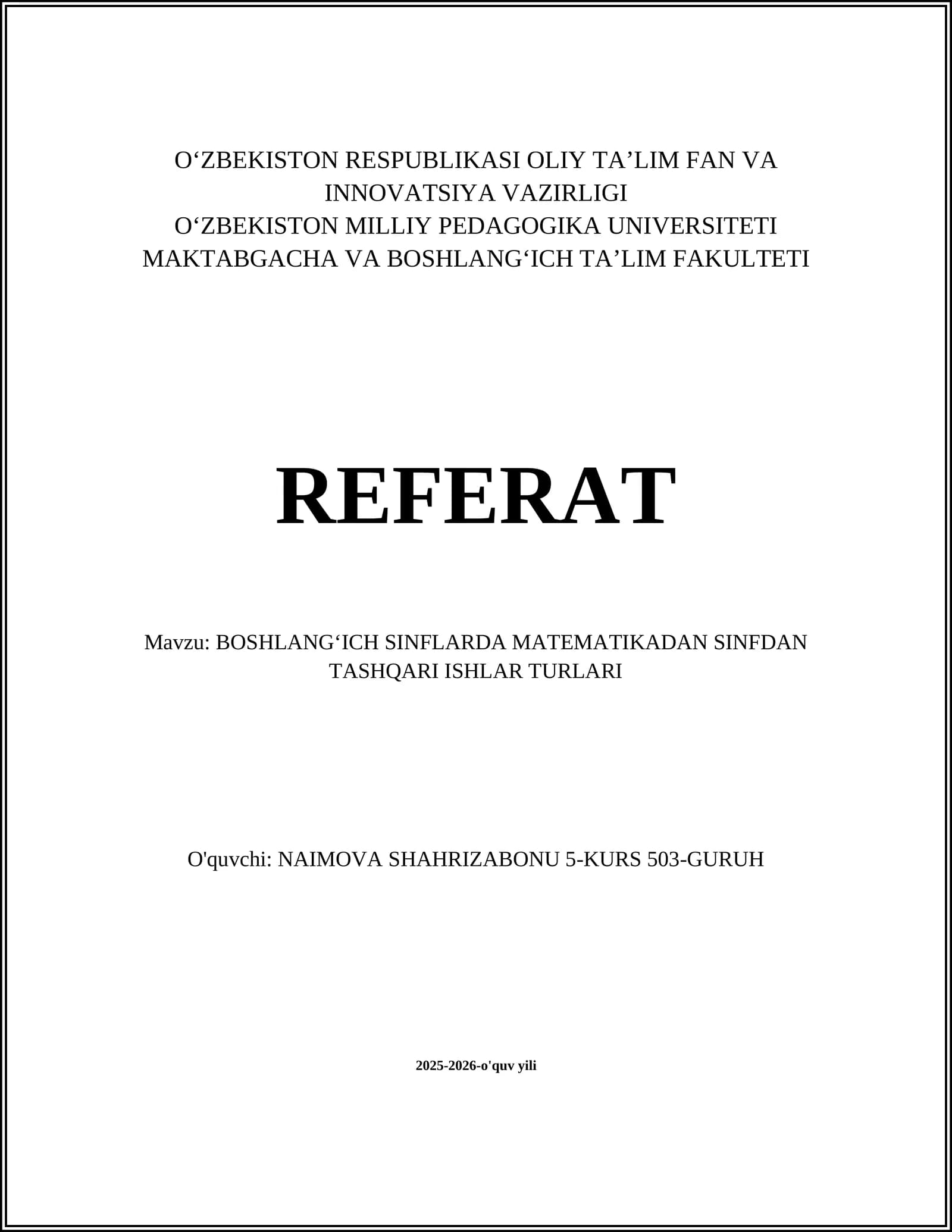 BOSHLANGʻICH SINFLARDA MATEMATIKADAN SINFDAN TASHQARI ISHLAR TURLARI