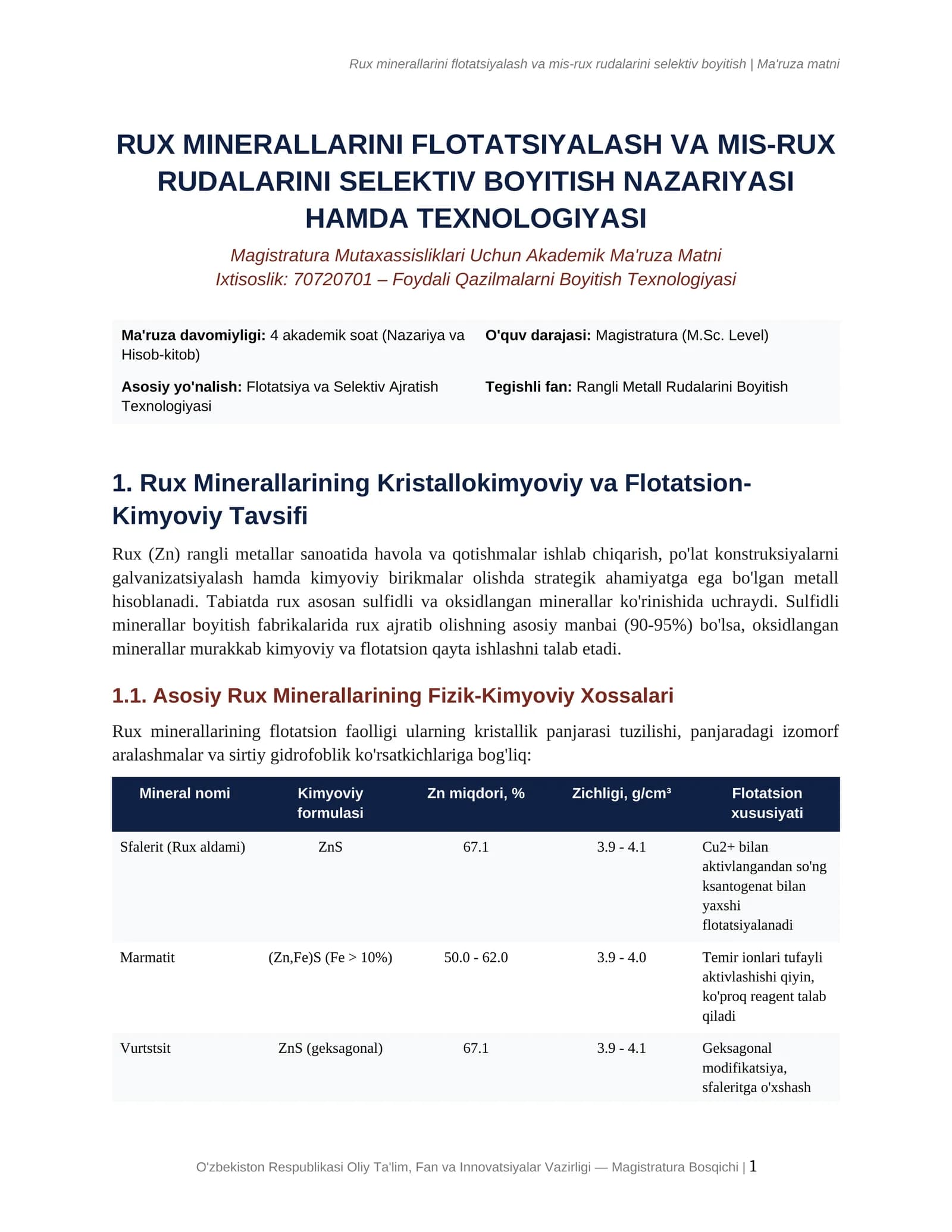 Rux minerallarini flotatsiyalash va mis-rux rudalarini selektiv boyitish