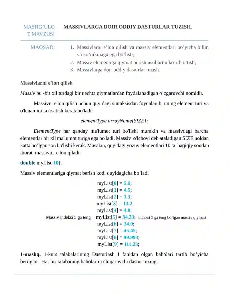 Massivlarga doir oddiy dasturlar tuzish