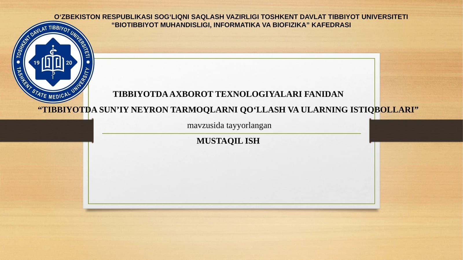 TIBBIYOTDA SUN’IY NEYRON TARMOQLARNI QO‘LLASH VA ULARNING ISTIQBOLLARI