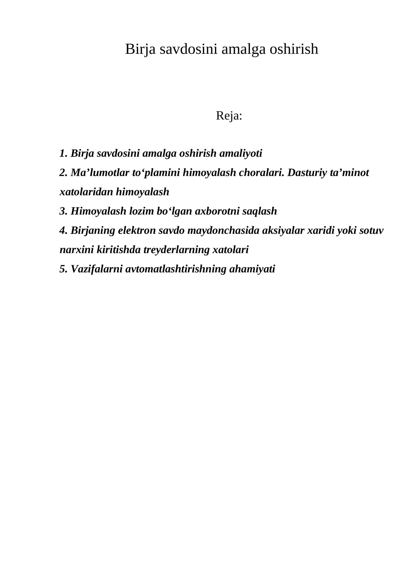 Birja savdosini amalga oshirish amaliyoti
