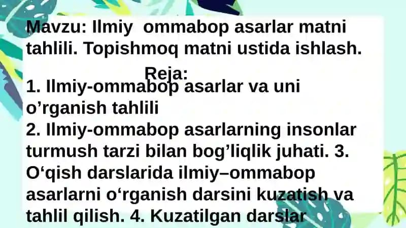 Ilmiy-ommabop asarlar va uni O’rganish tahlili