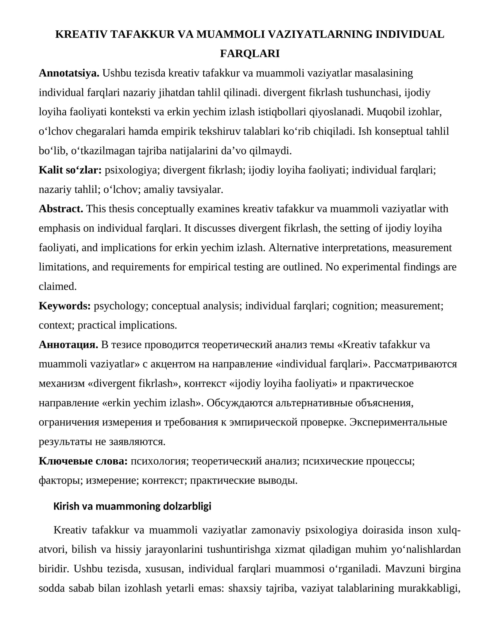 KREATIV TAFAKKUR VA MUAMMOLI VAZIYATLARNING INDIVIDUAL FARQLARI
