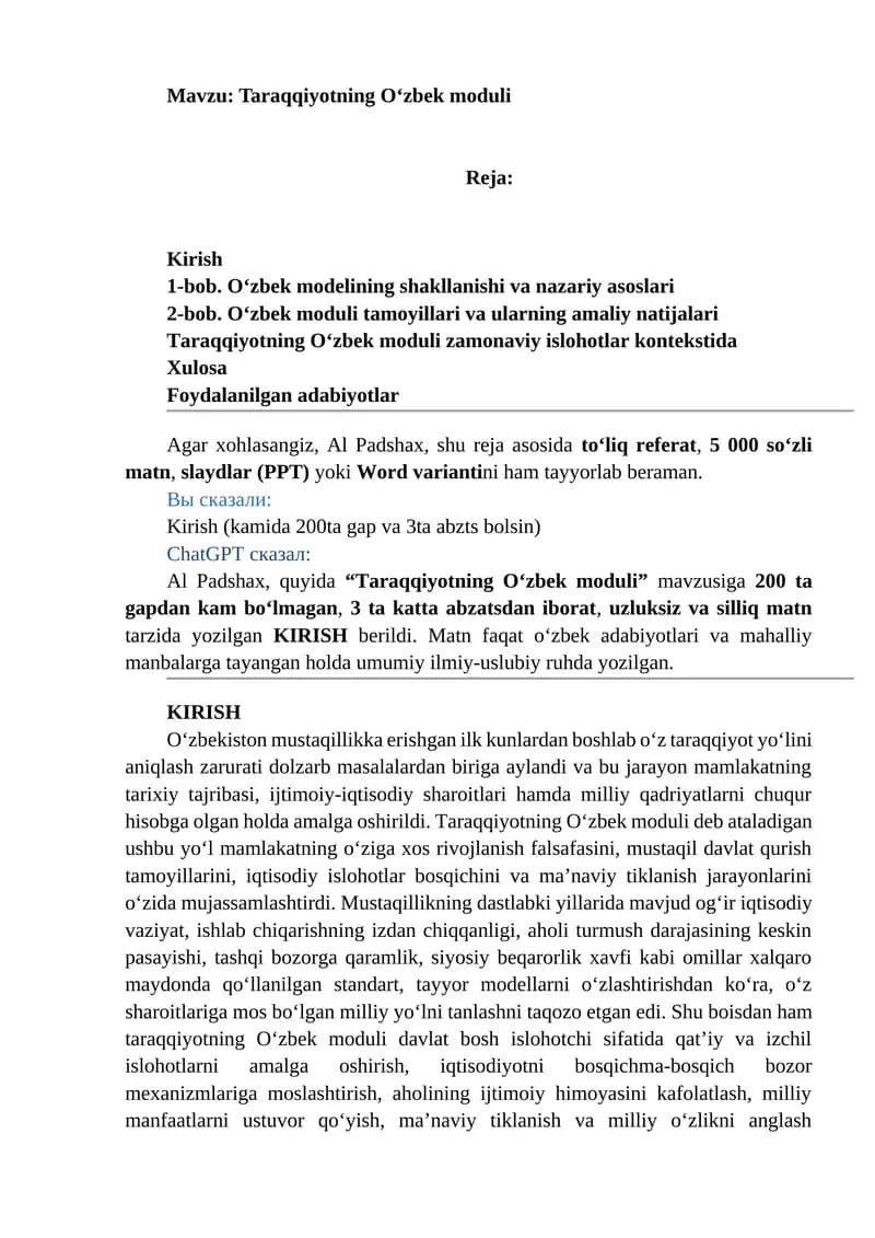 Taraqqiyotning O‘zbek moduli