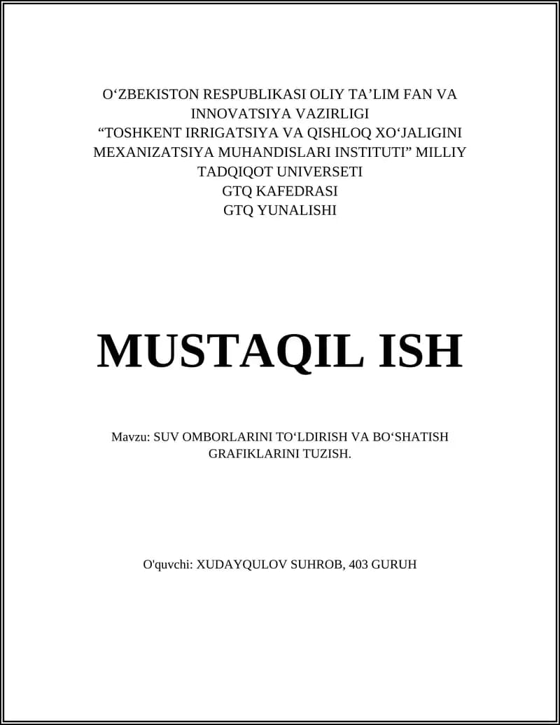 Suv omborlarini toʻldirish va boʻshatish grafiklarini tuzish