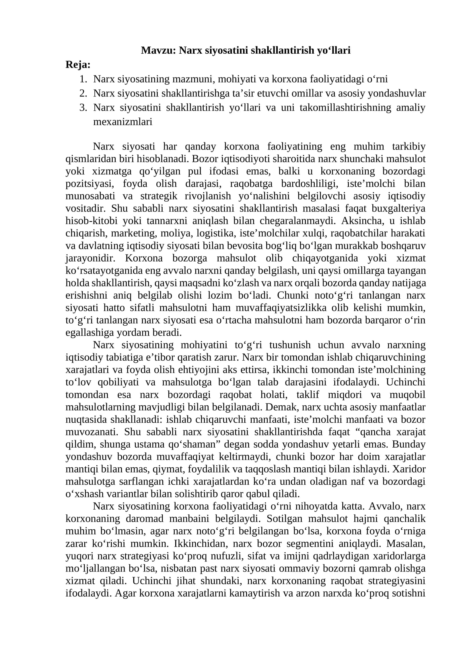 Narx siyosatini shakllantirish yo‘llari