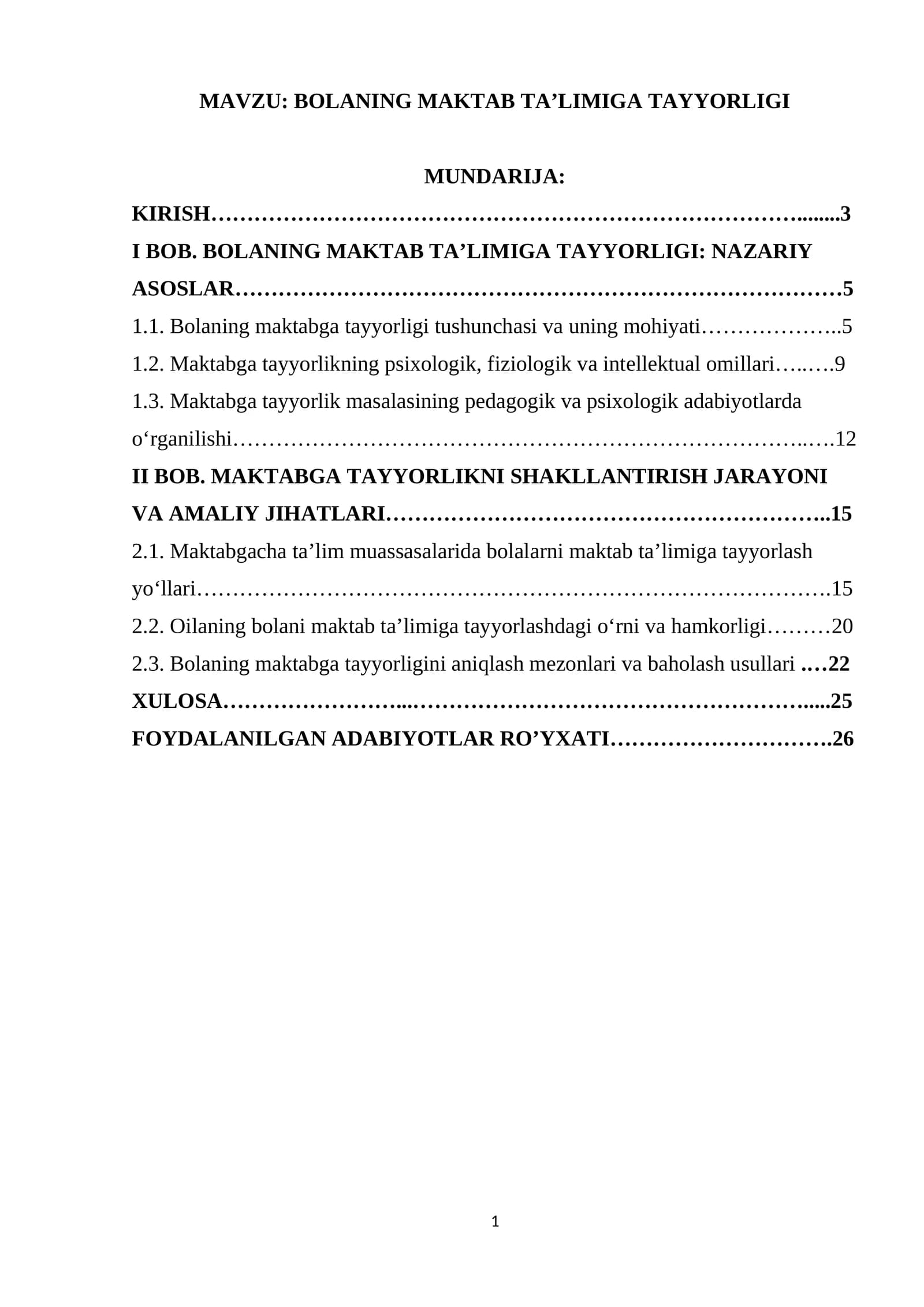 BOLANING MAKTAB TAʼLIMIGA TAYYORLIGI