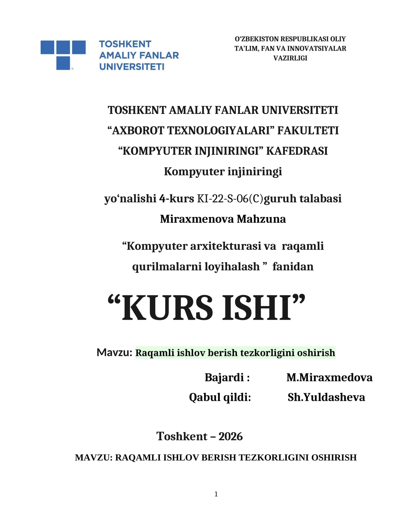 Kompyuter arxitekturasi va raqamli qurilmalarni loyihalash