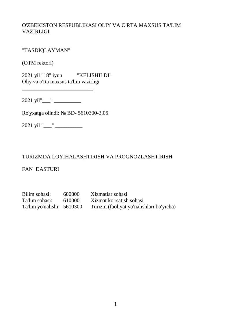 TURIZMDA LOYIHALASHTIRISH VA PROGNOZLASHTIRISH FAN DASTURI