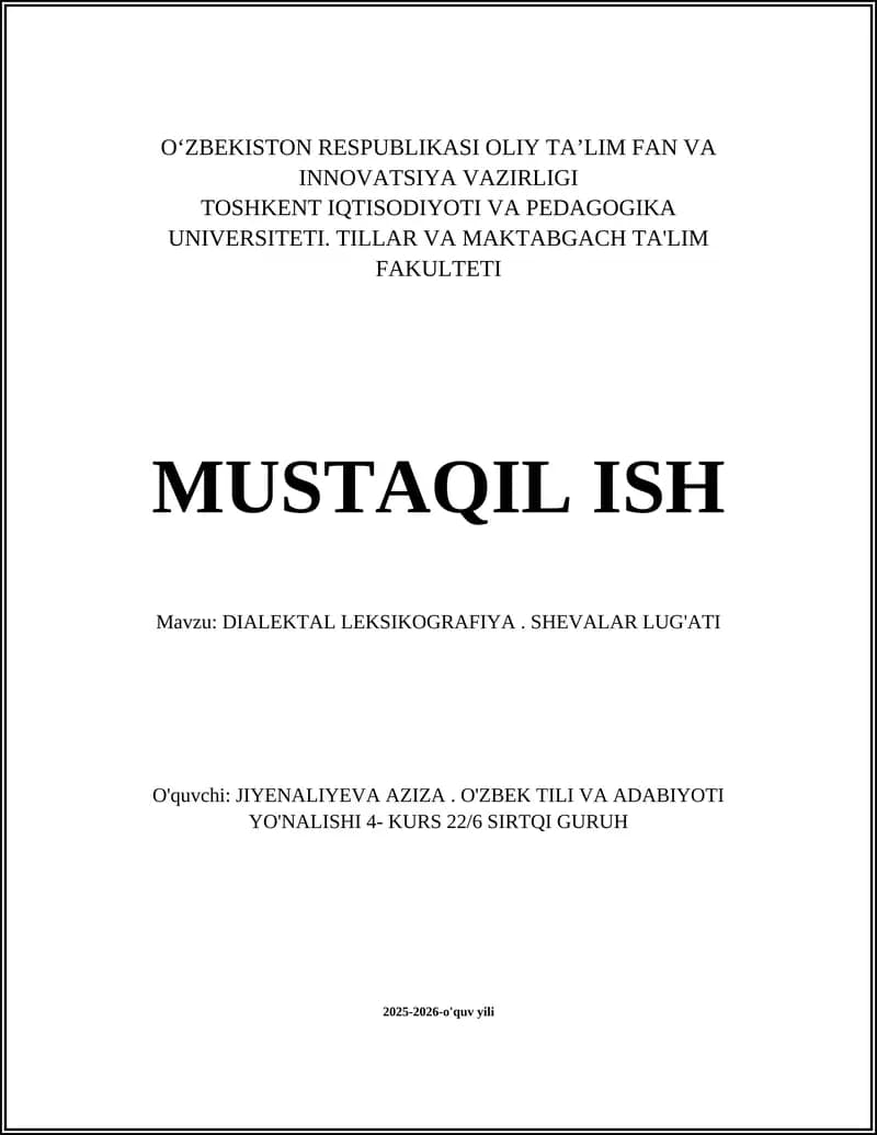 DIALEKTAL LEKSIKOGRAFIYA. SHEVALAR LUG'ATI
