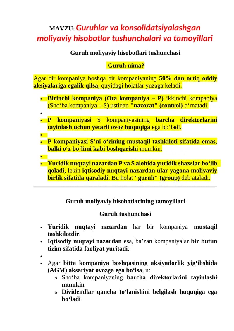 Guruhlar va konsolidatsiyalashgan moliyaviy hisobotlar tushunchalari va tamoyillari