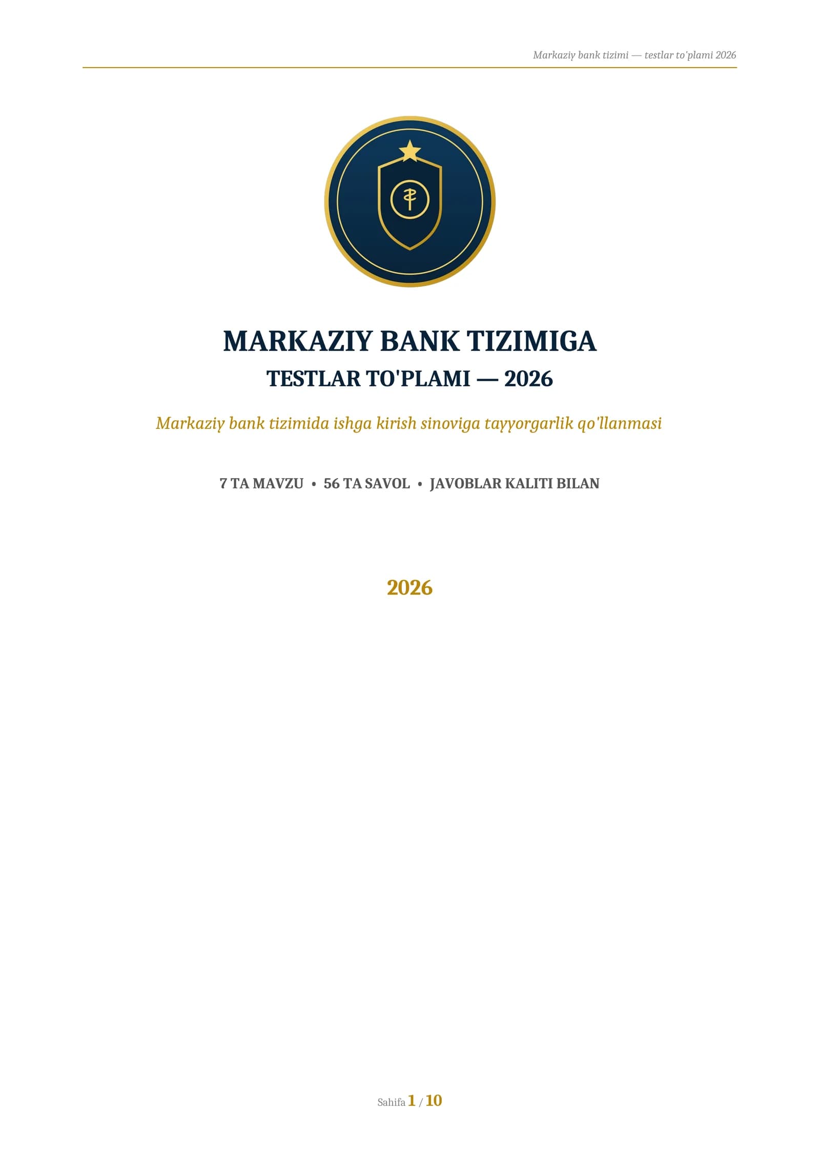 MARKAZIY BANK TIZIMIGA
TESTLAR TO'PLAMI