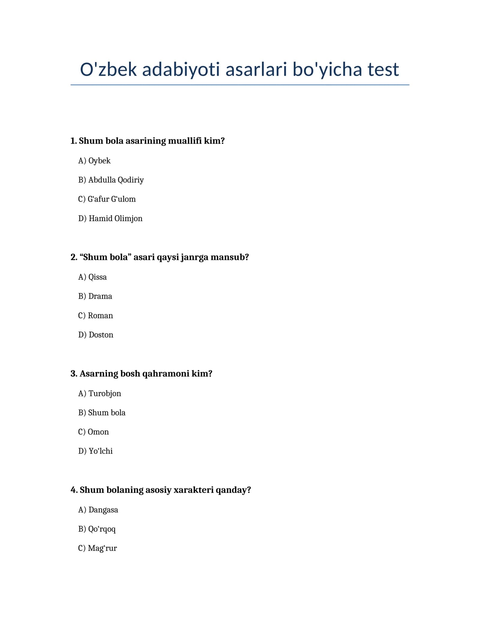 O'zbek adabiyoti asarlari bo'yicha test