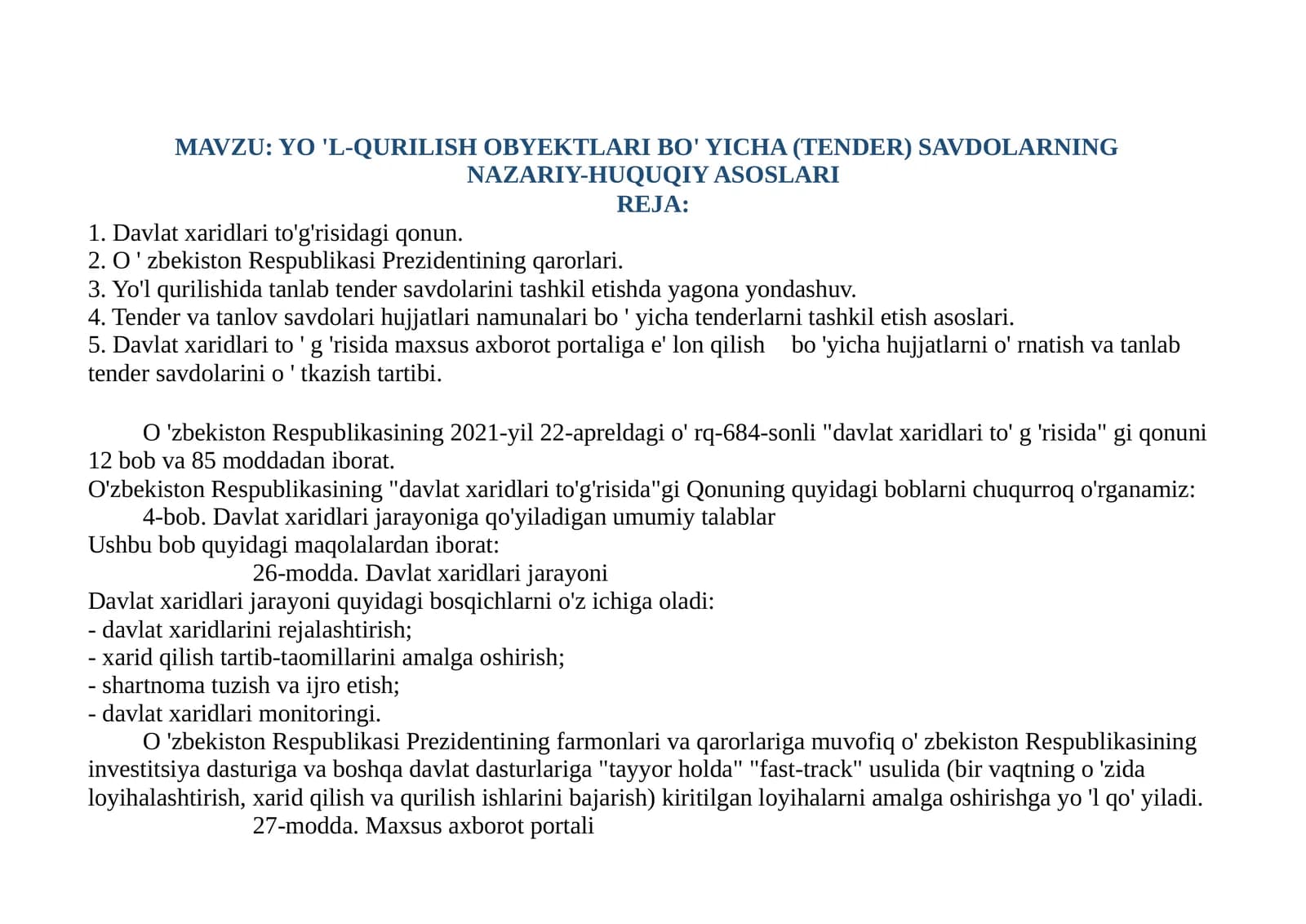 YO'L-QURILISH OB'EKTLARI BO'YICHA (TENDER) SAVDOLARNING NAZARIY-HUQUQIY ASOSLARI