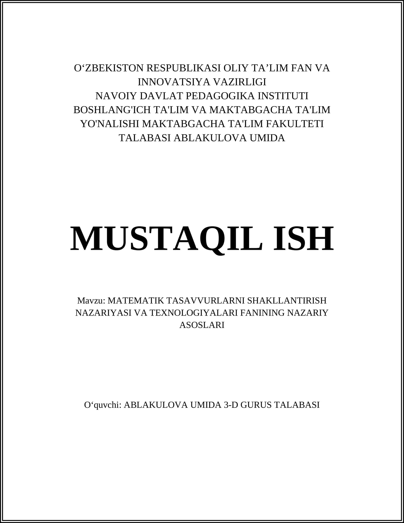 MATEMATIK TASAVVURLARNI SHAKLLANTIRISH NAZARIYASI VA TEXNOLOGIYALARI FANINING NAZARIY ASOSLARI