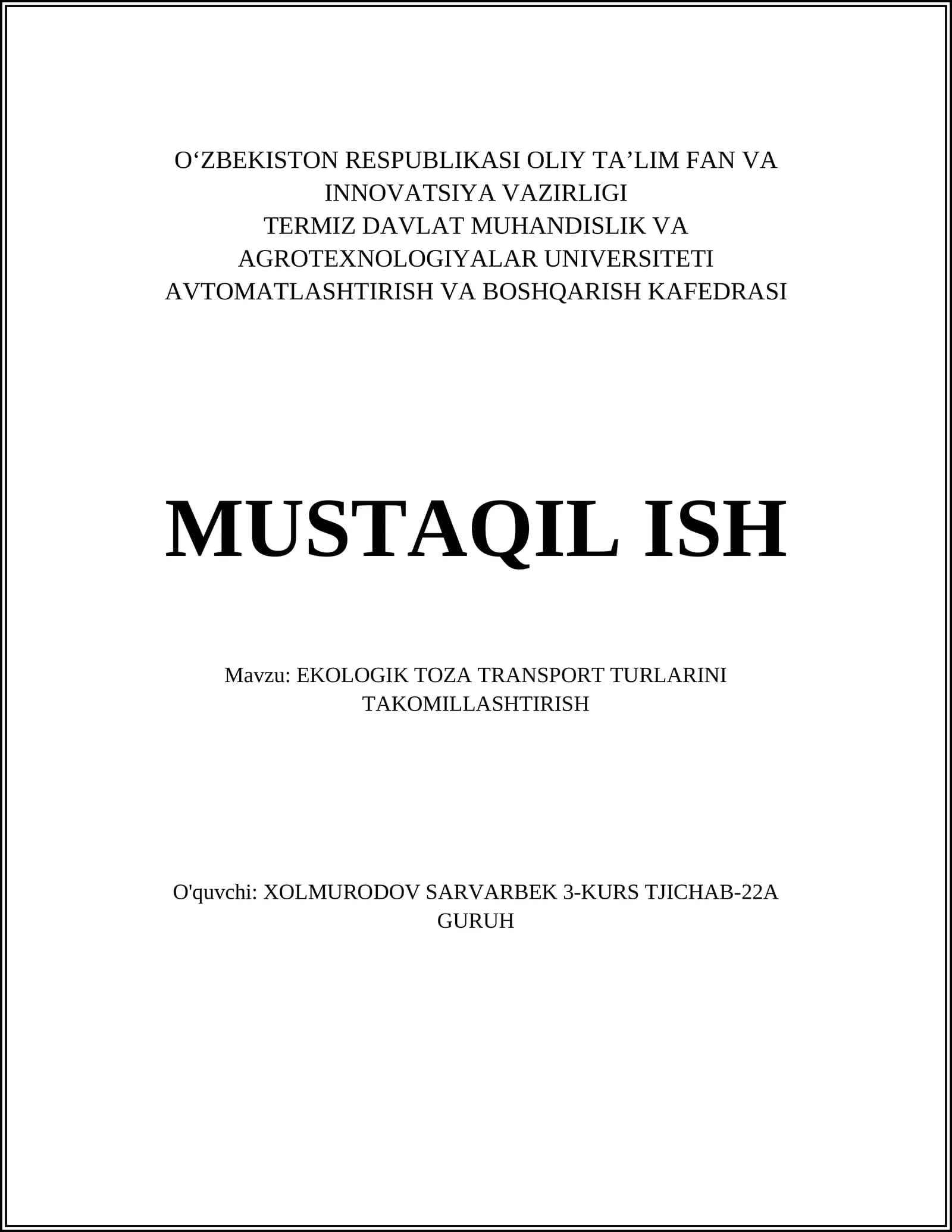 EKOLOGIK TOZA TRANSPORT TURLARINI TAKOMILLASHTIRISH