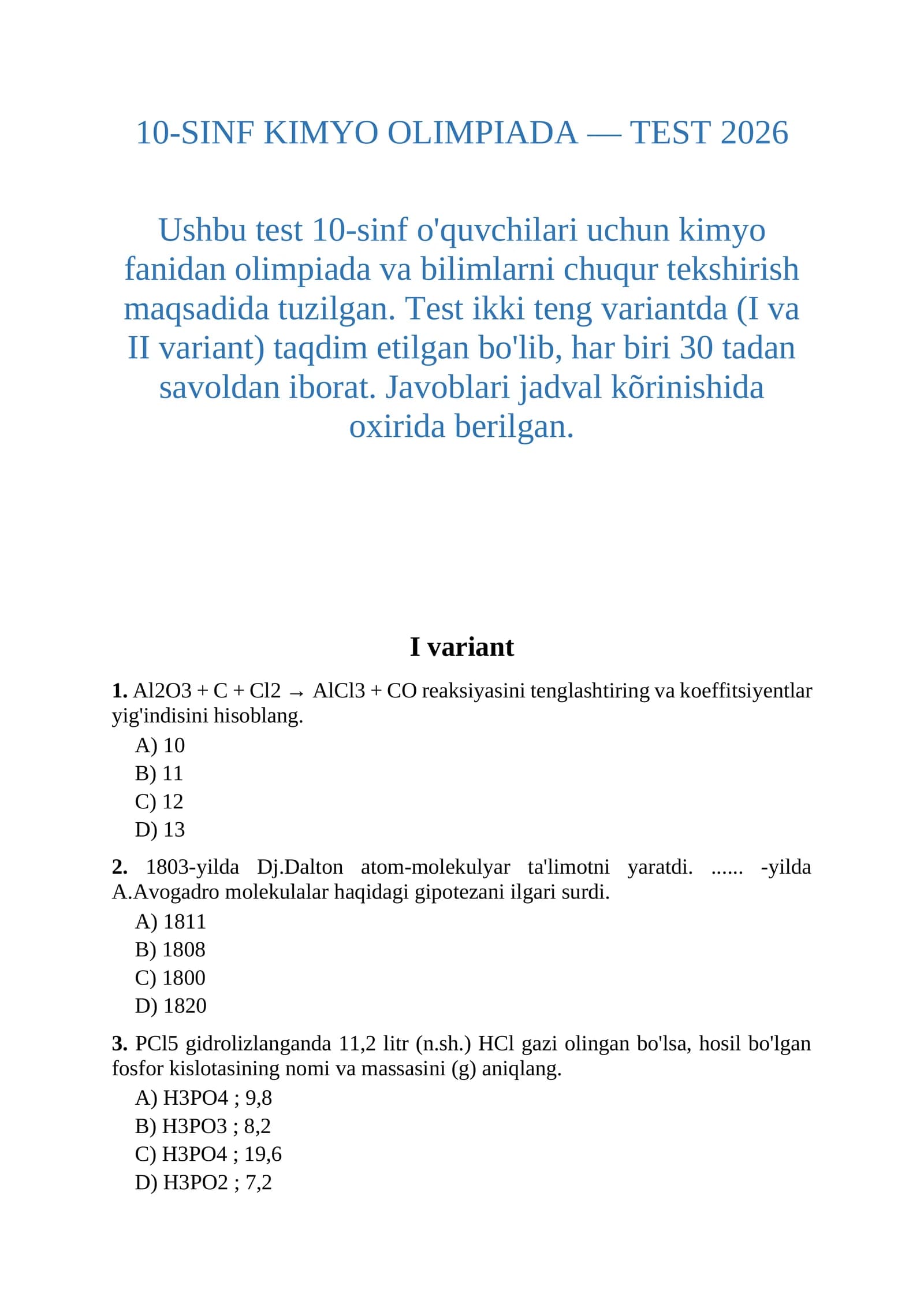 10-SINF KIMYO OLIMPIADA — TEST 2026