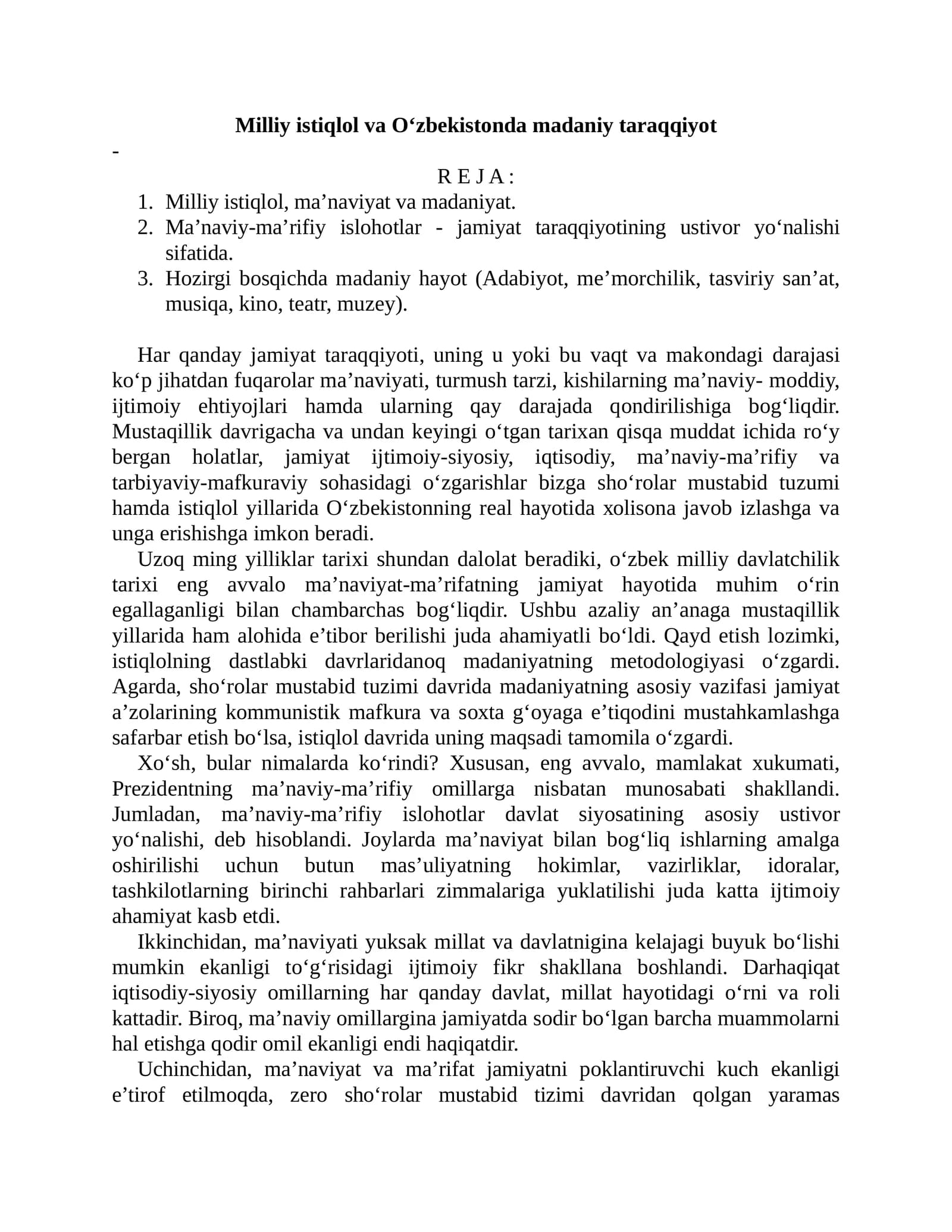 Milliy istiqlоl va O‘zbеkistоnda madaniy taraqqiyot