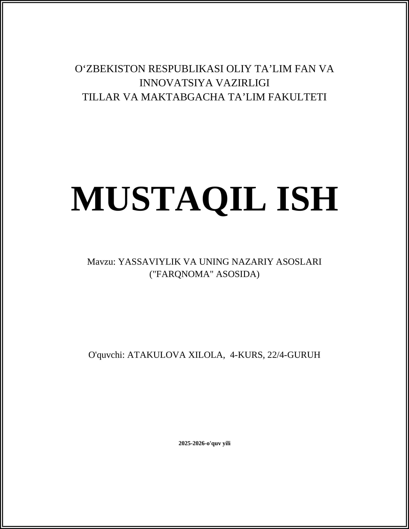 YASSAVIYLIK VA UNING NAZARIY ASOSLARI ("FARQNOMA" ASOSIDA)