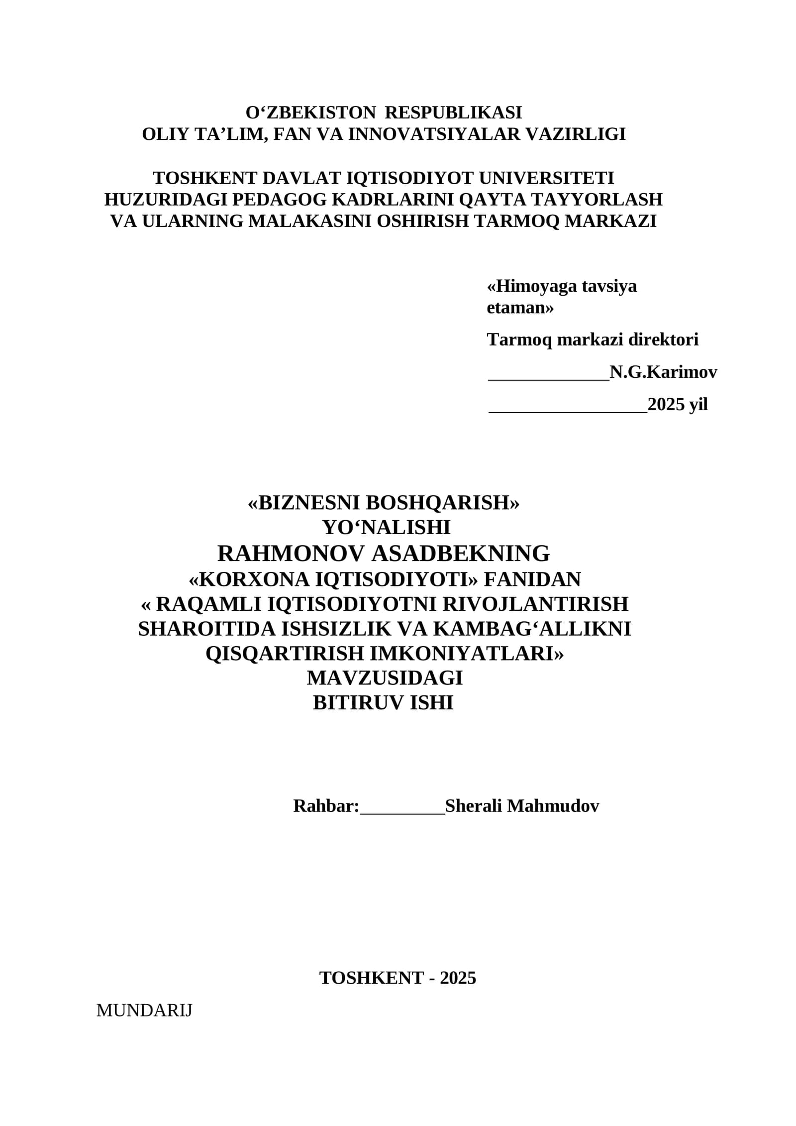 RAQAMLI IQTISODIYOTNI RIVOJLANTIRISH SHAROITIDA ISHSIZLIK VA KAMBAGʻALLIKNI QISQARTIRISH IMKONIYATLARI