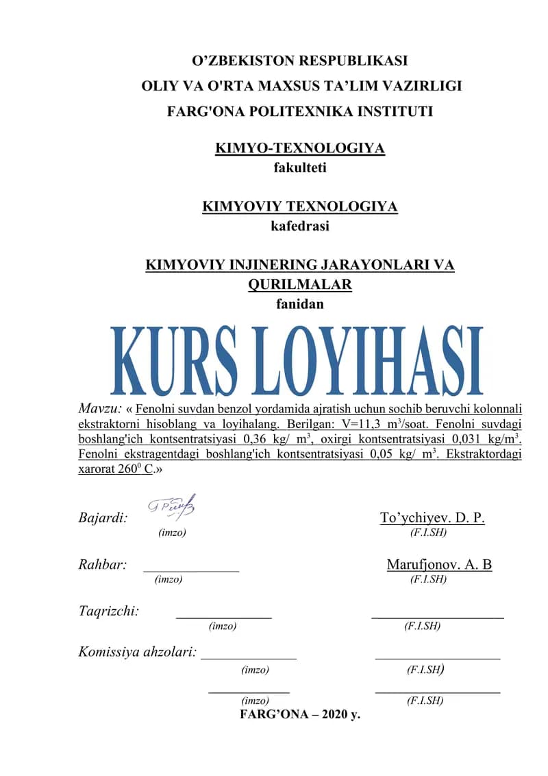 Fenolni suvdan benzol yordamida ajratish uchun sochib beruvchi kolonnali ekstraktorni hisoblang va loyihalang