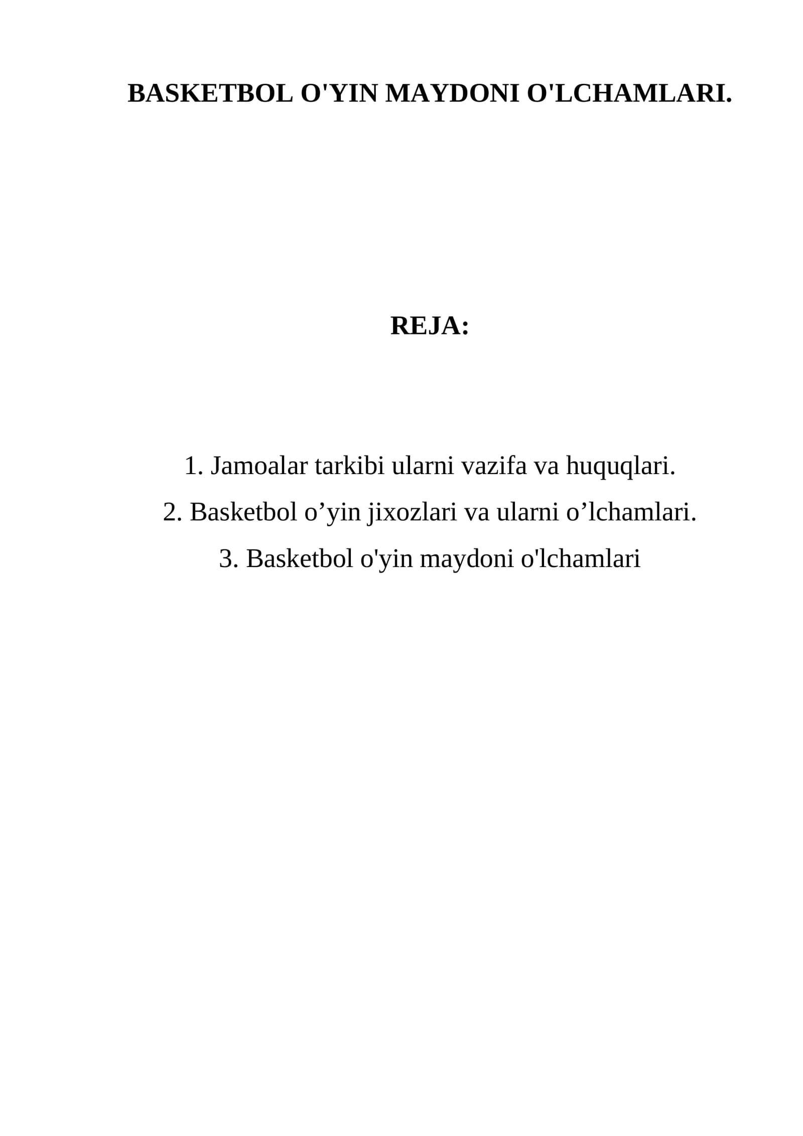 BASKETBOL O'YIN MAYDONI O'LCHAMLARI