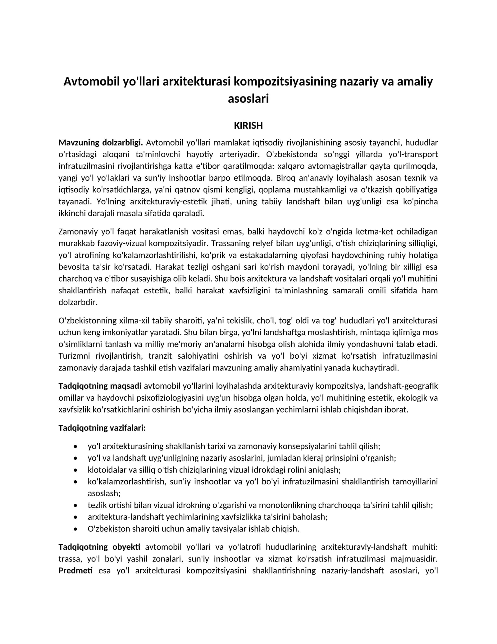 Avtomobil yo'llari arxitekturasi kompozitsiyasining nazariy va amaliy asoslari