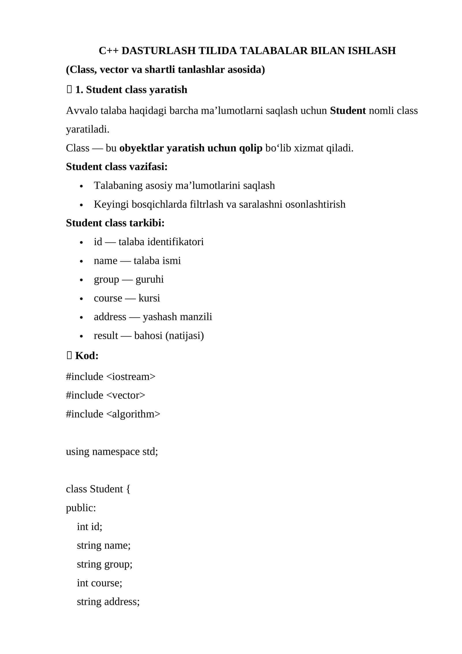 C++ DASTURLASH TILIDA TALABALAR BILAN ISHLASH