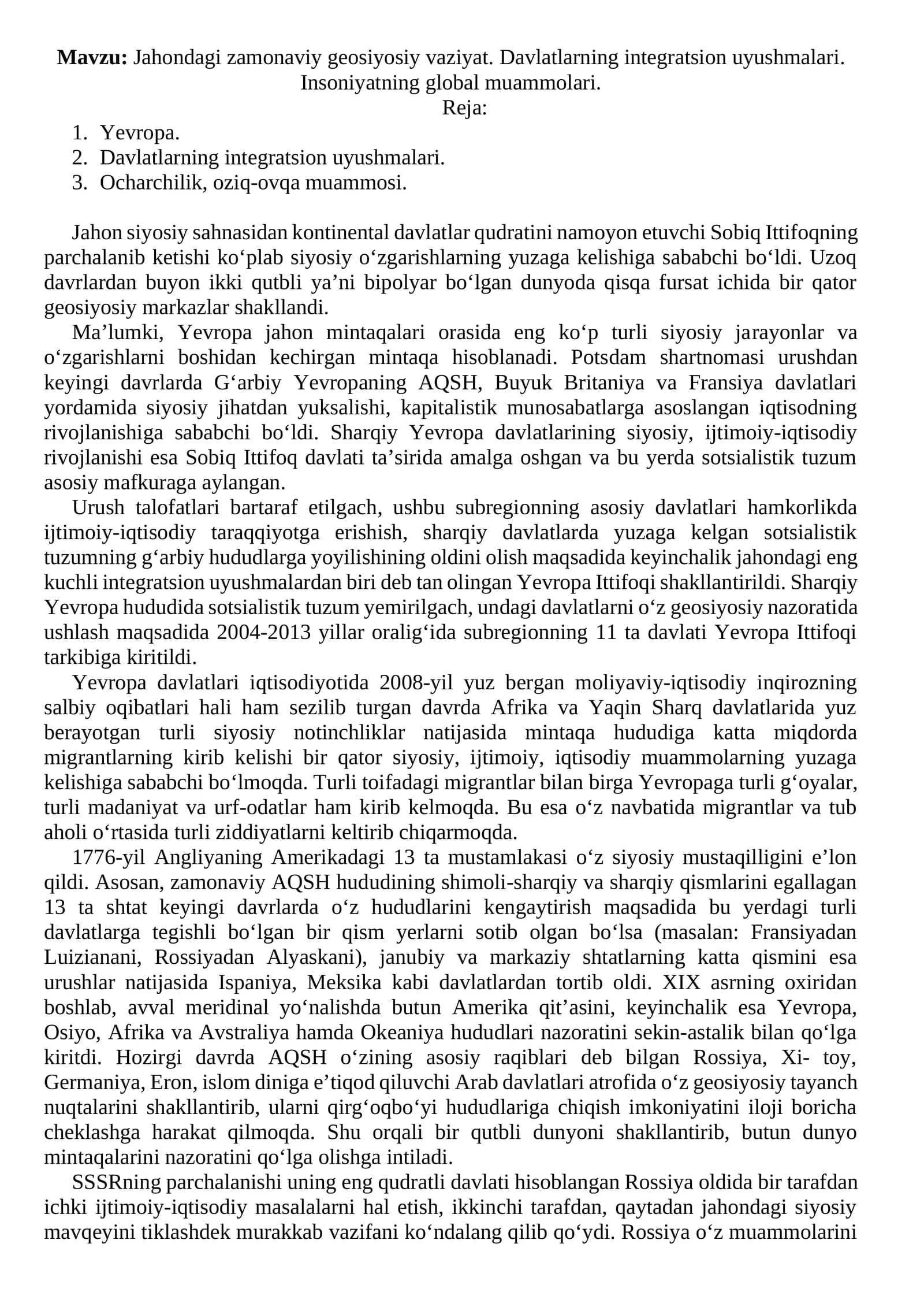 Jahondagi Zamonaviy Geosiyosiy Vaziyat
