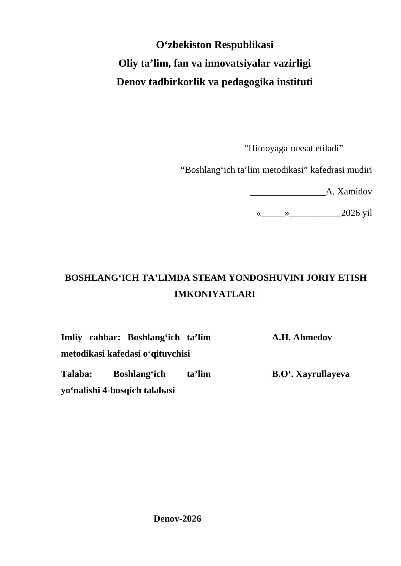 Boshlang‘ich ta’limda STEAM yondoshuvini joriy etish imkoniyatlari