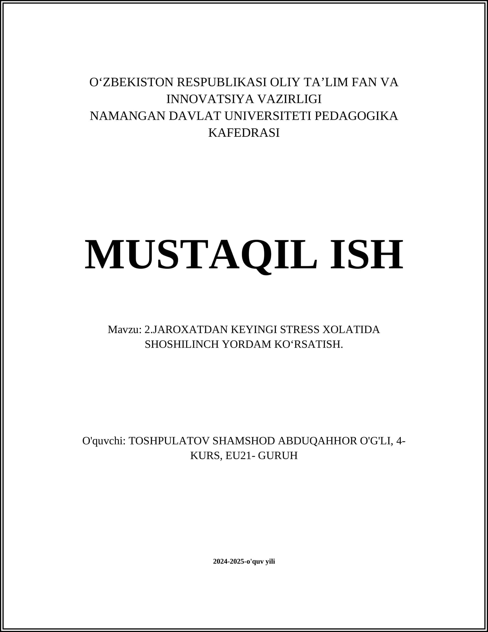Jaroxatdan keyingi stress xolatida shoshilinch yordam koʻrsatish