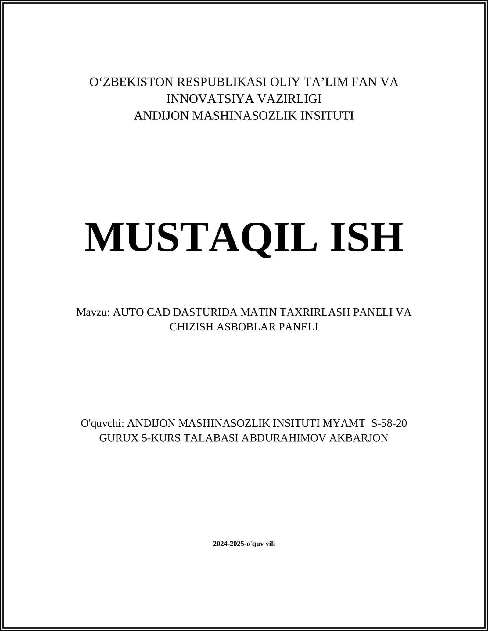 AUTO CAD DASTURIDA MATIN TAXRIRLASH PANELI VA CHIZISH ASBOBLAR PANELI