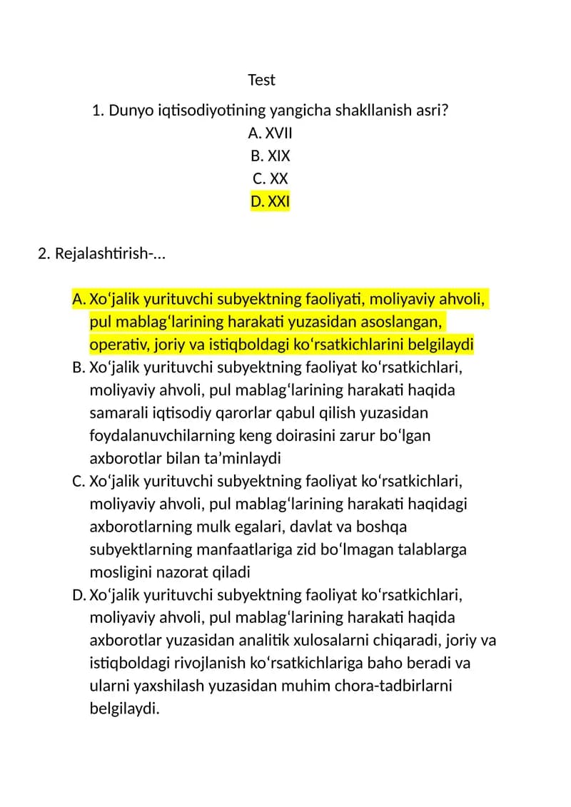 moliyaviy tahlil test javoblari