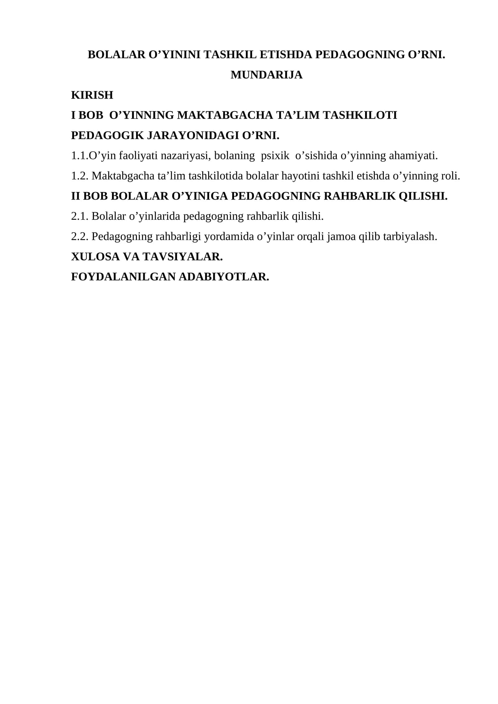 BOLALAR O’YININI TASHKIL ETISHDA PEDAGOGNING O’RNI