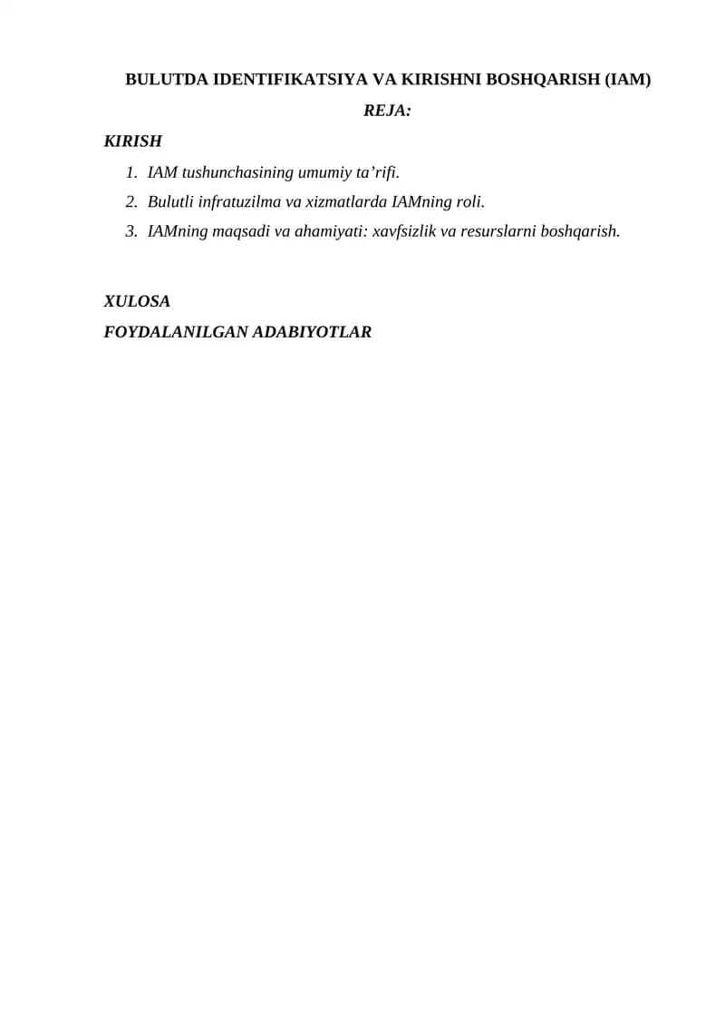 BULUTDA IDENTIFIKATSIYA VA KIRISHNI BOSHQARISH (IAM)