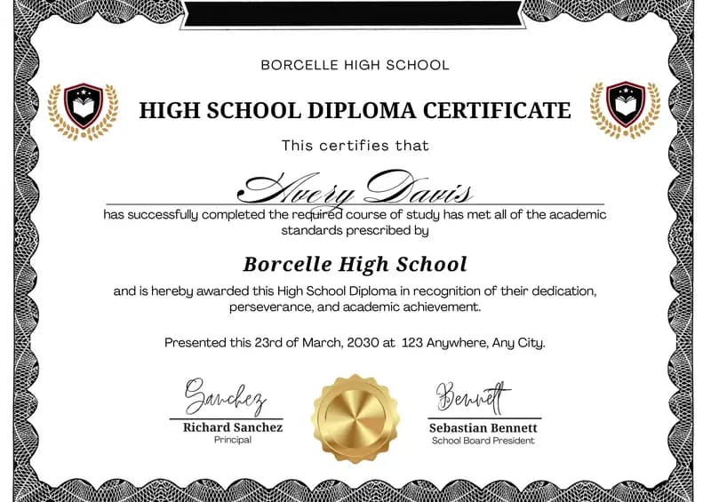 HIGH SCHOOL DIPLOMA CERTIFICATE