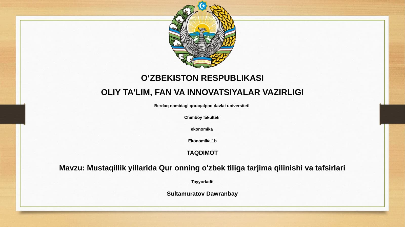 Mustaqillik yillarida Qur onning o'zbek tiliga tarjima qilinishi va tafsirlari