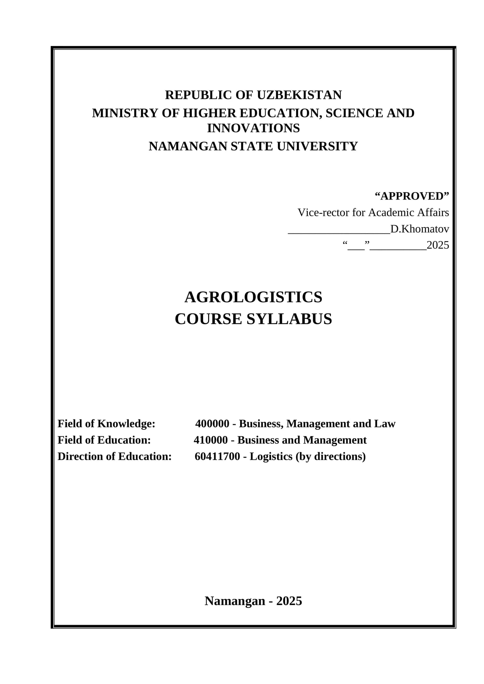 AGROLOGISTICS COURSE SYLLABUS