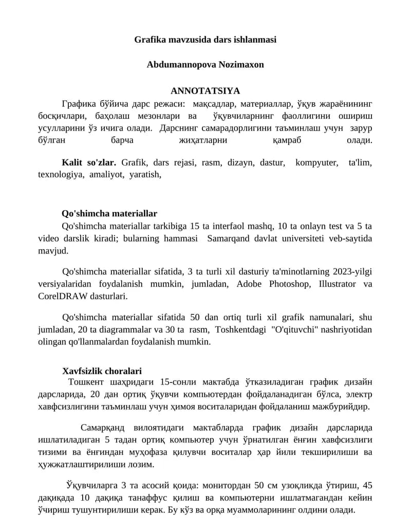 Grafika mavzusida dars ishlanmasi