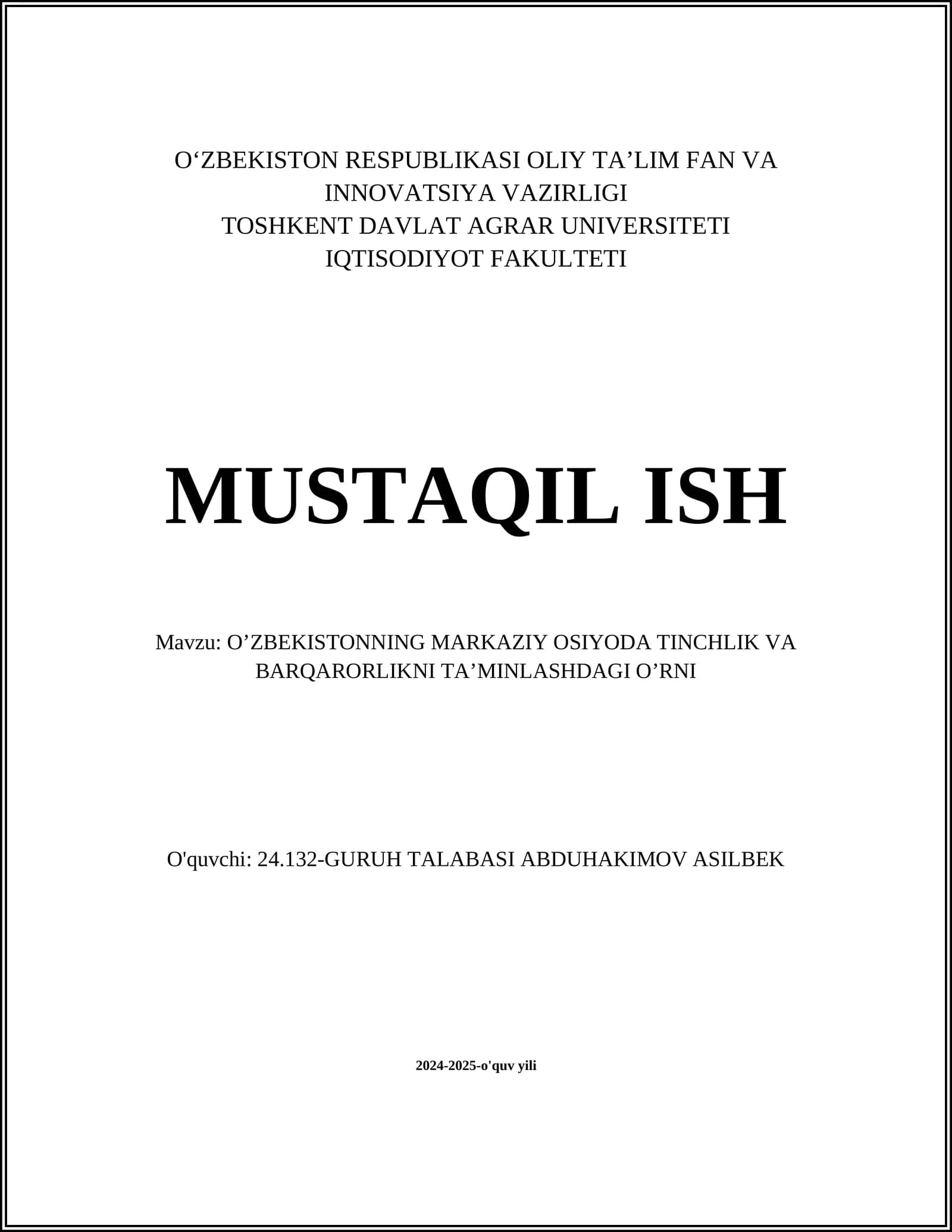 O’zbekistonning Markaziy Osiyoda Tinchlik va Barqarorlikni Ta’minlashdagi O’rni
