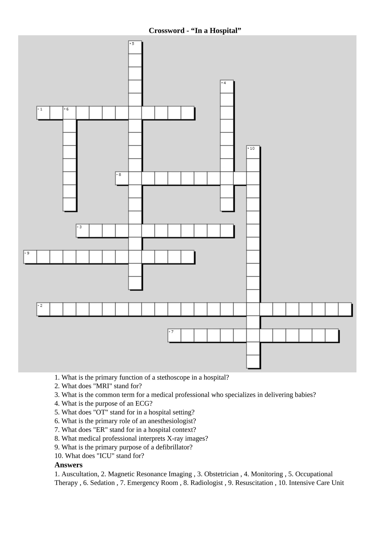 Crossword - “In a Hospital”